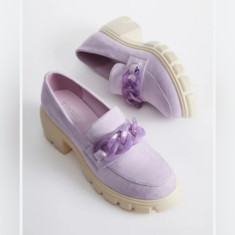 Shoe Dazzle Lavender Chunky Loafers with Chain Detail